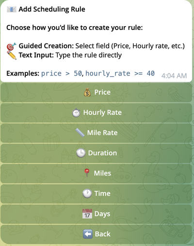 Add Scheduling Rule initial screen with field selection options