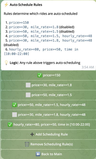 Auto-Schedule Rules main menu showing current rules and action buttons