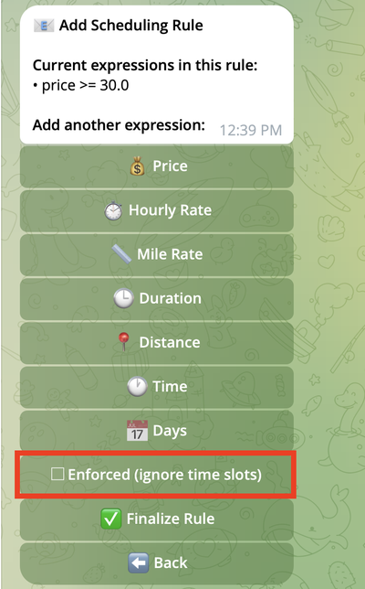 Enforced checkbox option in rule creation