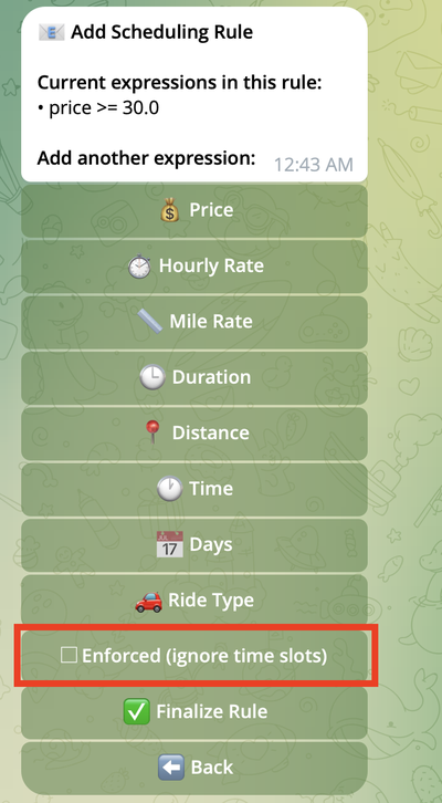 Enforced checkbox option in rule creation