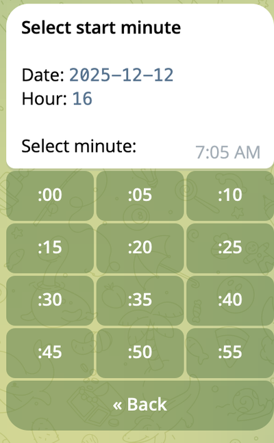 Select Start Time, Minutes Select Start Time, Minutes