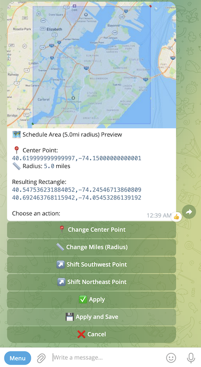 Area Preview screen showing map with adjustment buttons Area Preview screen showing map with adjustment buttons