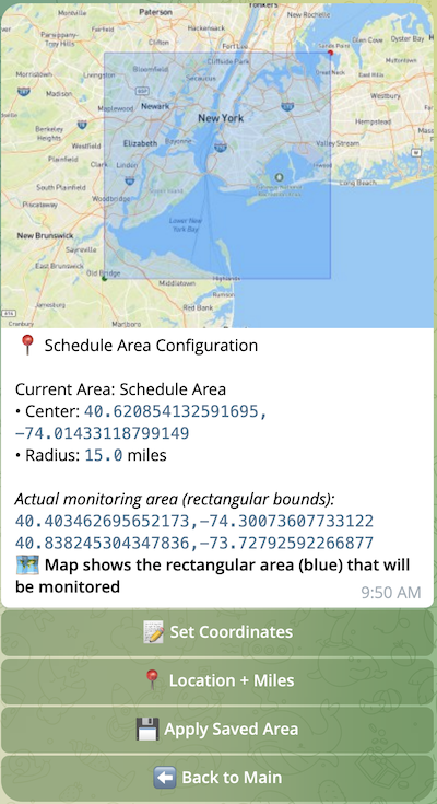 Main Schedule Area Configuration screen showing current area details and button options Main Schedule Area Configuration screen showing current area details and button options