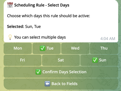 Days selection dialog with day checkboxes