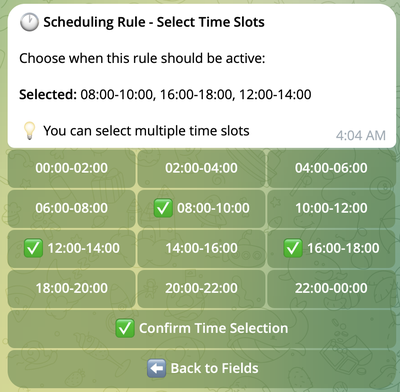 Time selection dialog with hourly checkboxes
