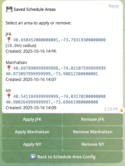 Saved Areas list showing area names, coordinates, and action buttons