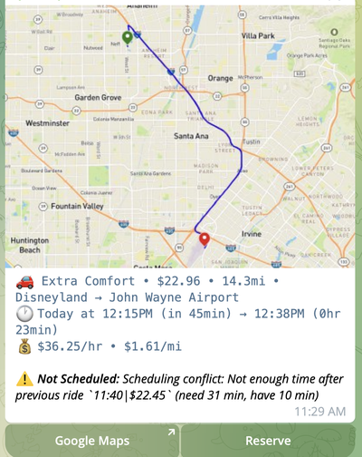 Notificacion sobre viaje en conflicto con viaje existente
