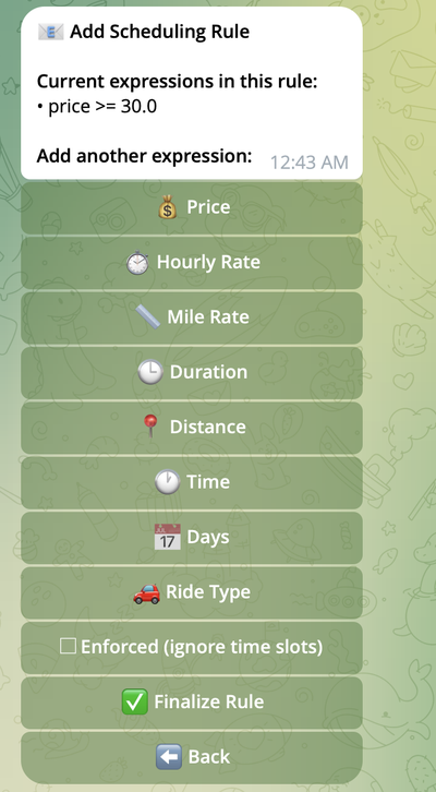 Предпросмотр правила с добавленными критериями и опциями добавить ещё или завершить