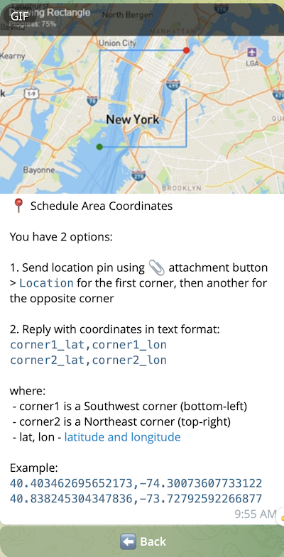 Set Coordinates screen with animated GIF showing corner selection